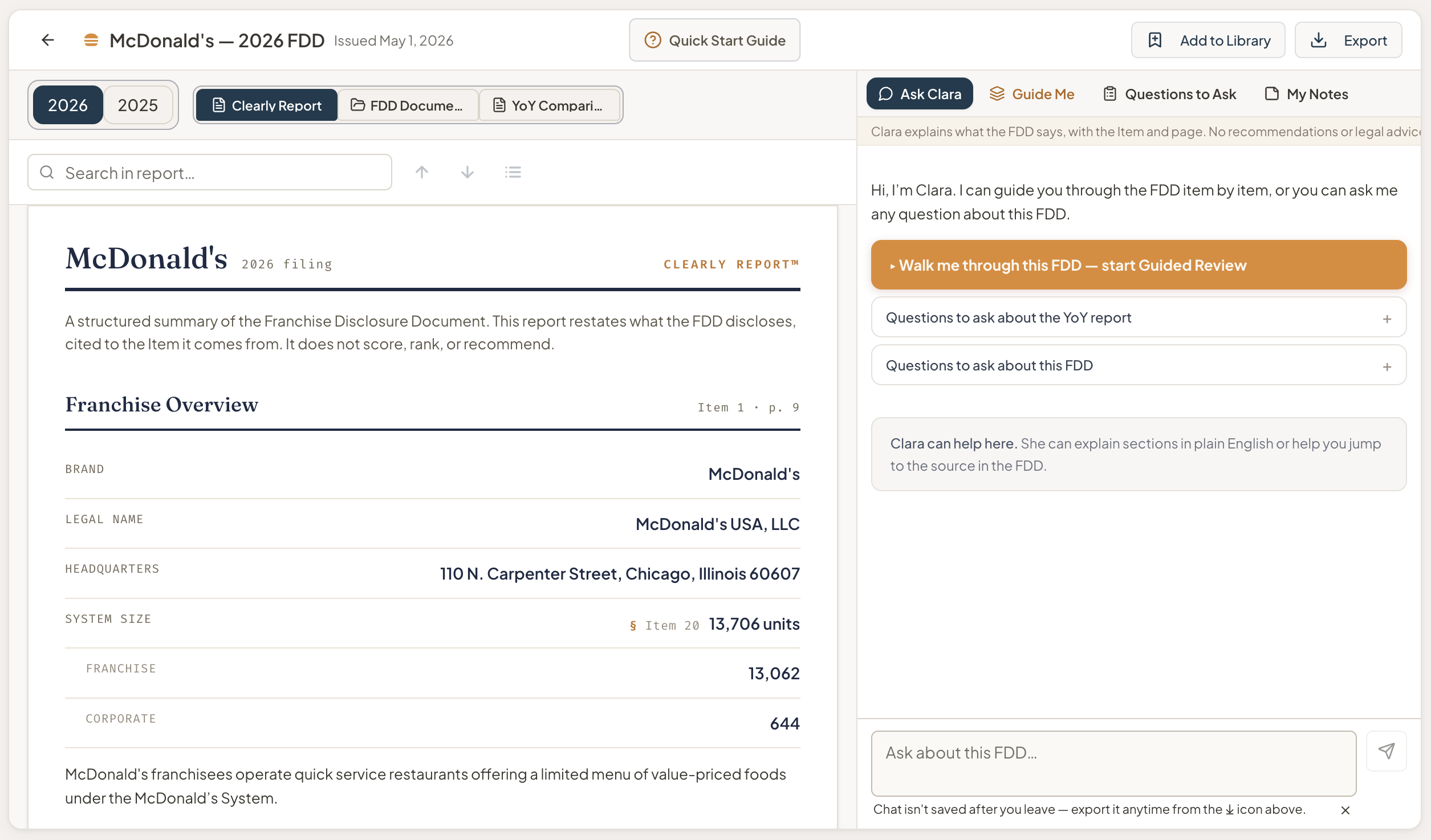A Clearly Workspace for McDonald's showing the Clearly Report, both FDD filings, and the Year-over-Year report, with Clara offering to start Guided Review