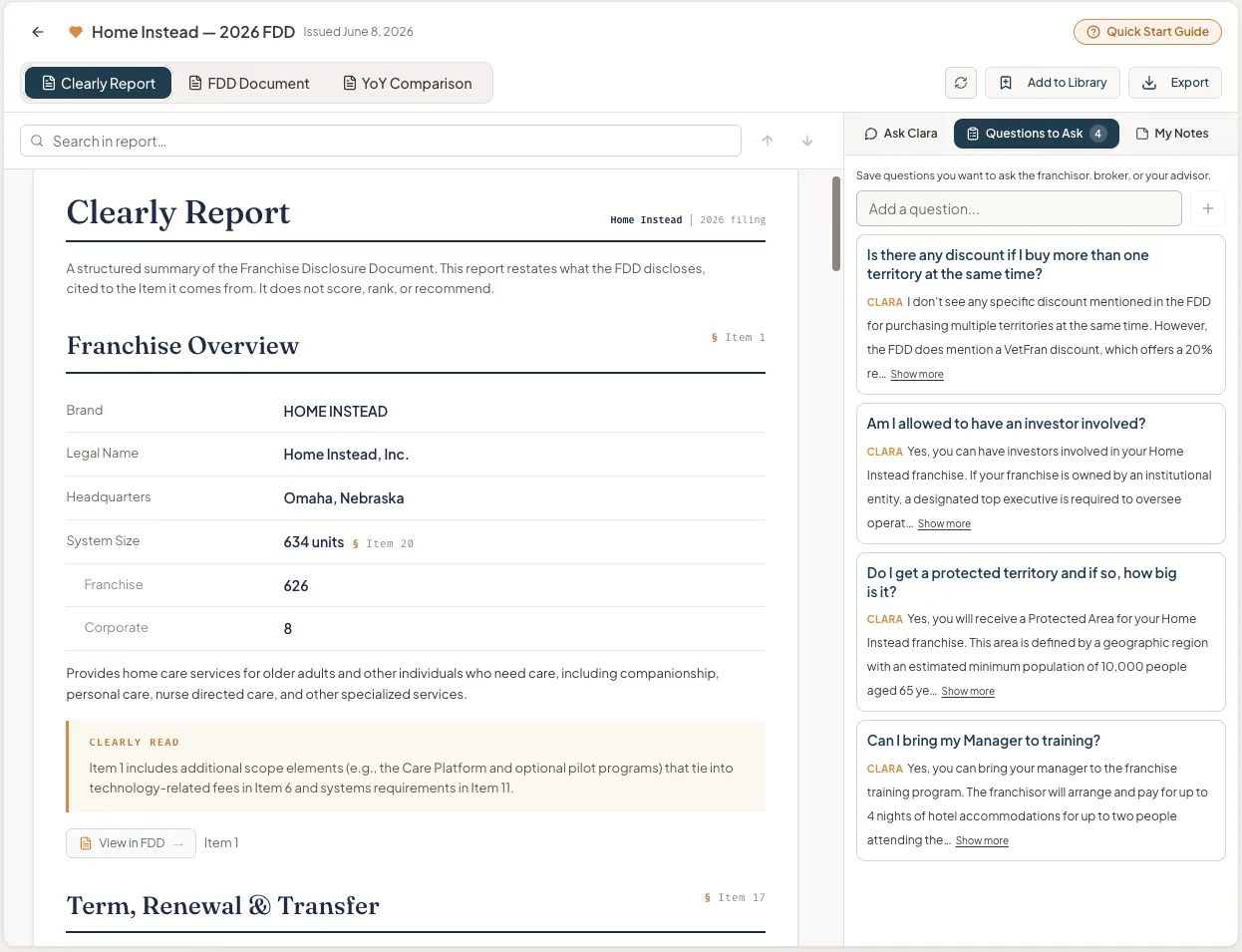 A Clearly Workspace open on the Home Instead 2026 FDD: the Clearly Report on the left, and a saved list of the client’s own questions on the right, each answer cited to the Item and page.