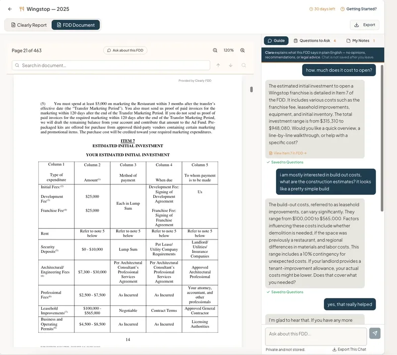 The ClearlyFDD Workspace showing an FDD page beside the extracted figures for a franchise brand.