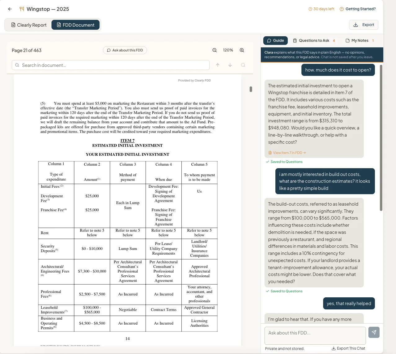 ClearlyFDD Workspace showing split-screen FDD viewer with Clara AI chat